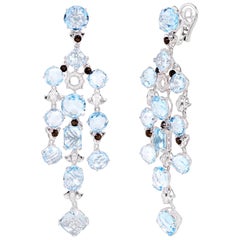 Rhodium-Plated Chandelier Earrings with Sky Blue Topaz Smoky Quartz and Diamonds