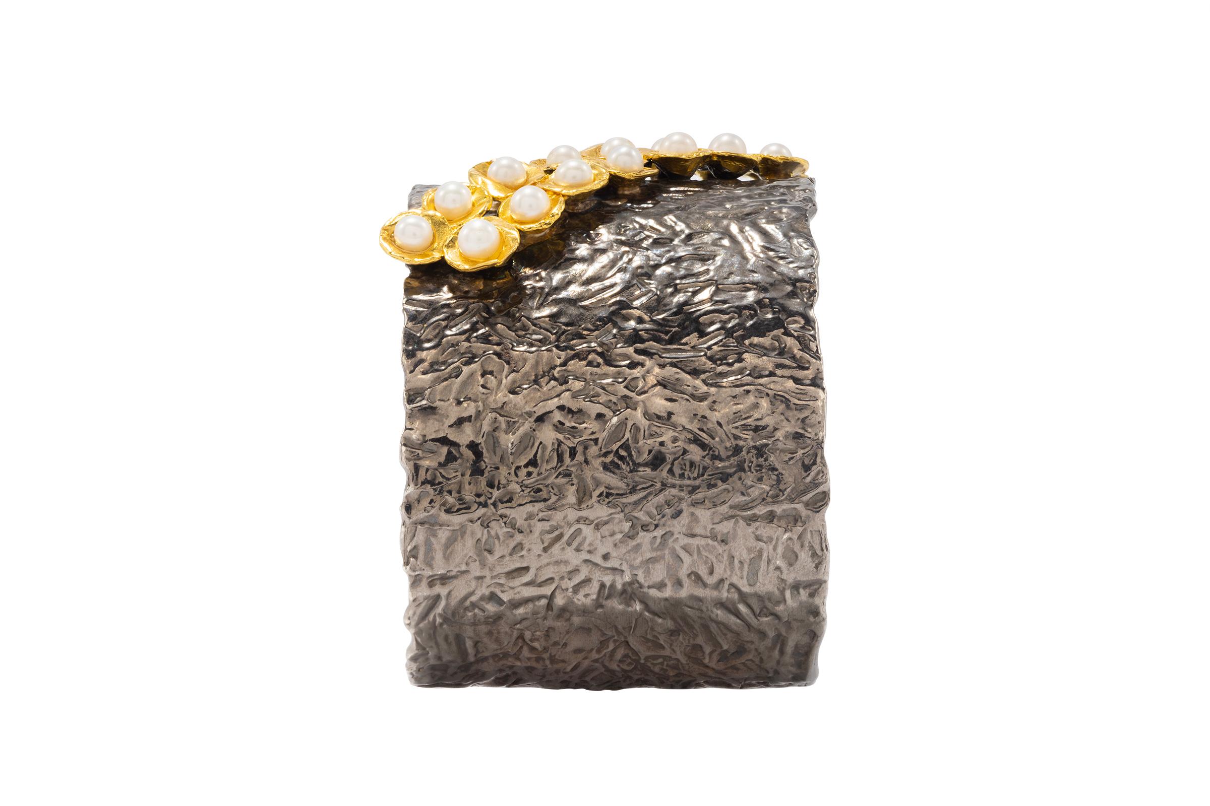 Artisan Rhodium Plated Cuff with 22k Gold & Pearls For Sale