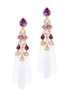 Rhodium-Plated Dangle Earrings with Amethyst, Pink Topaz Pink Sapphire and Agate