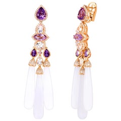 Rhodium-Plated Dangle Earrings with Amethyst, Pink Topaz Pink Sapphire and Agate Rhodium-Plated Dangle Earrings with Amethyst, Pink Topaz Pink Sapphire and Agate