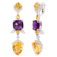 Rhodium-Plated Dangle Earrings with Citrine, Amethyst and Diamonds