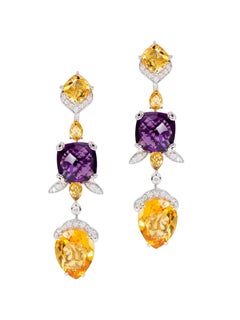 Rhodium-Plated Dangle Earrings with Citrine, Amethyst and Diamonds