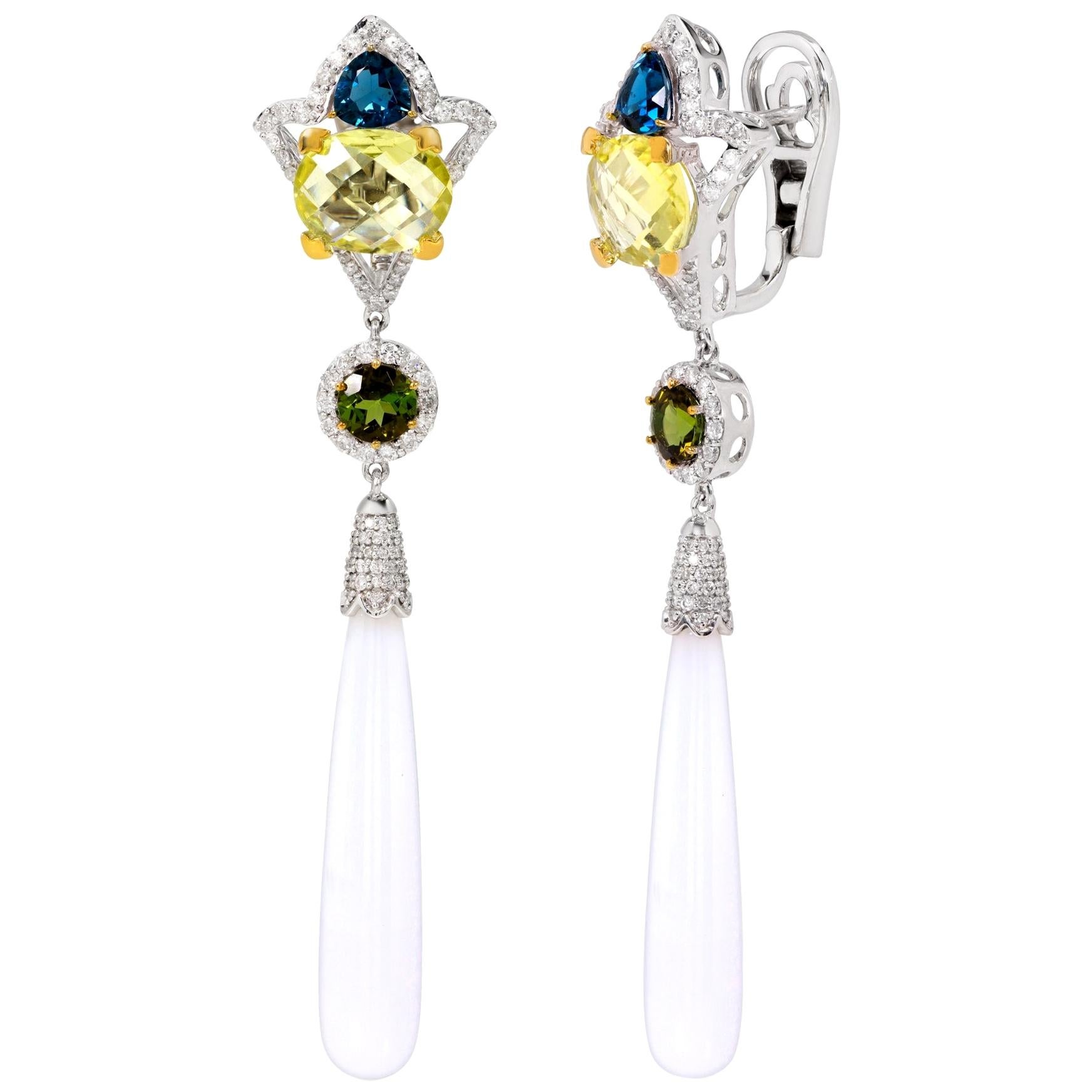 Rhodium-Plated Dangle Earrings with Mixed Color Stones and Diamonds For Sale