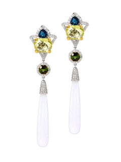 Rhodium-Plated Dangle Earrings with Mixed Color Stones and Diamonds