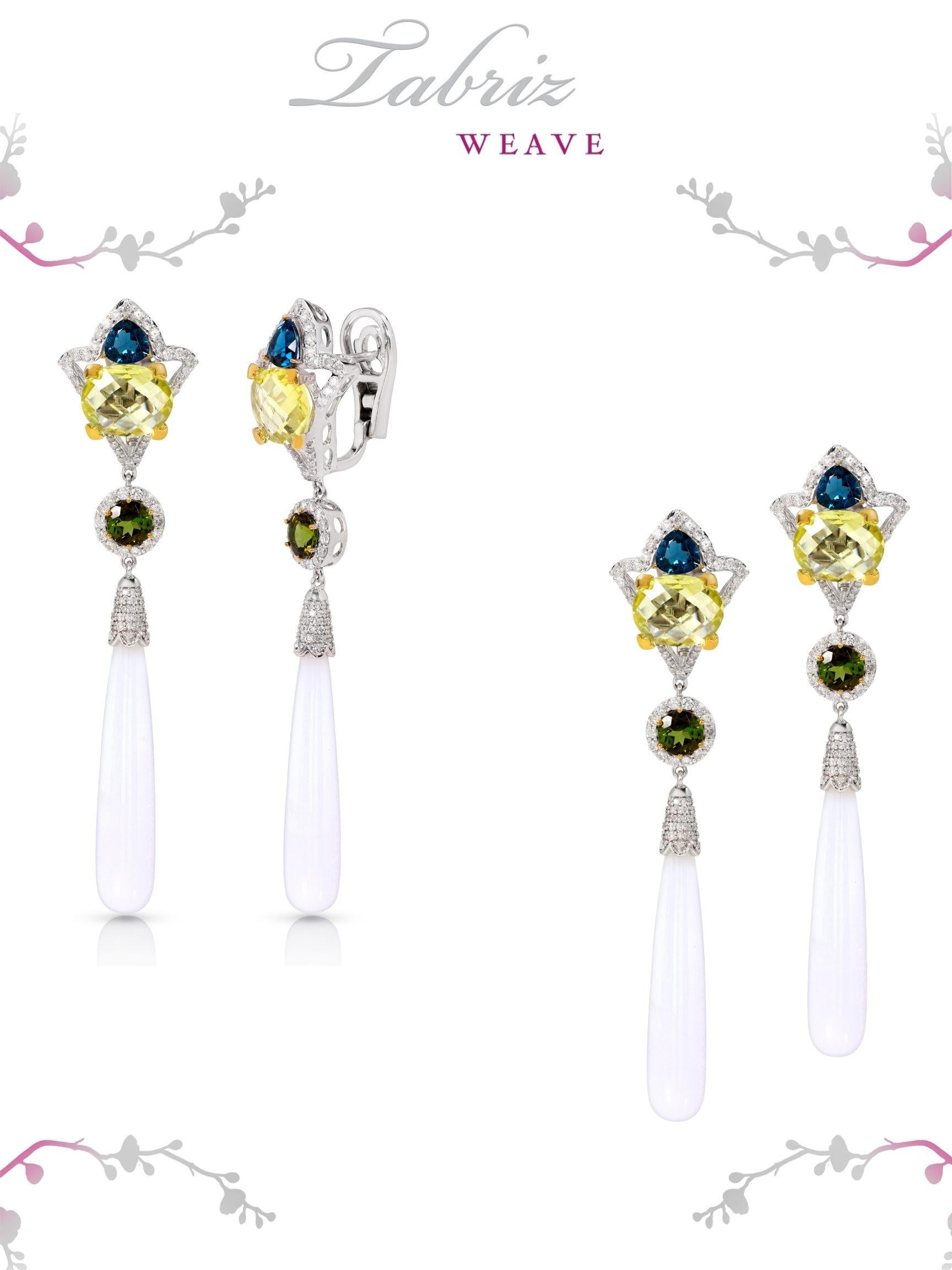 Mixed Cut Rhodium-Plated Dangle Earrings with Mixed Color Stones and Diamonds For Sale