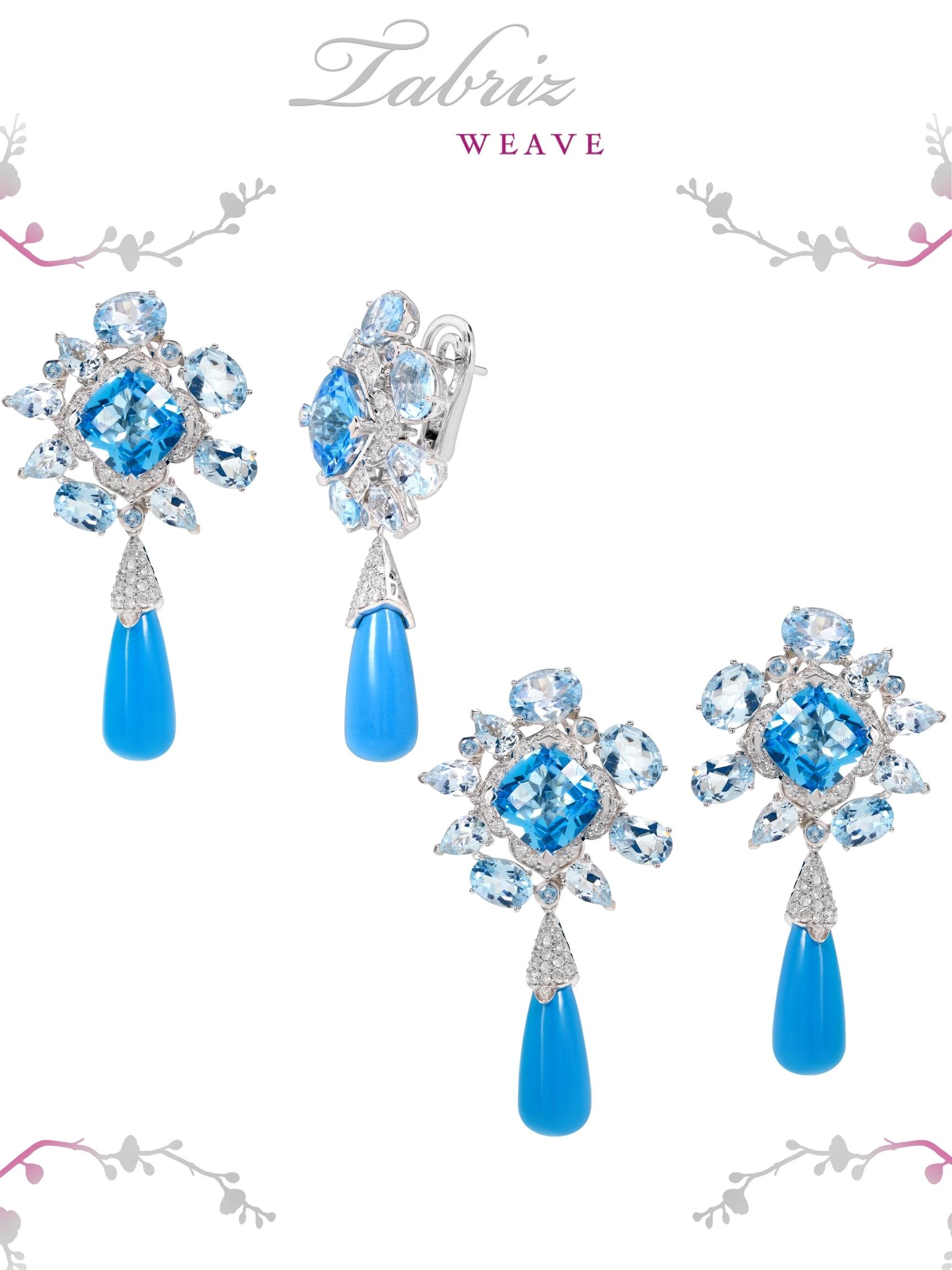 Mixed Cut Rhodium-Plated Dangle Earrings with Sky & Swiss Blue Topaz, Turquoise & Diamonds For Sale