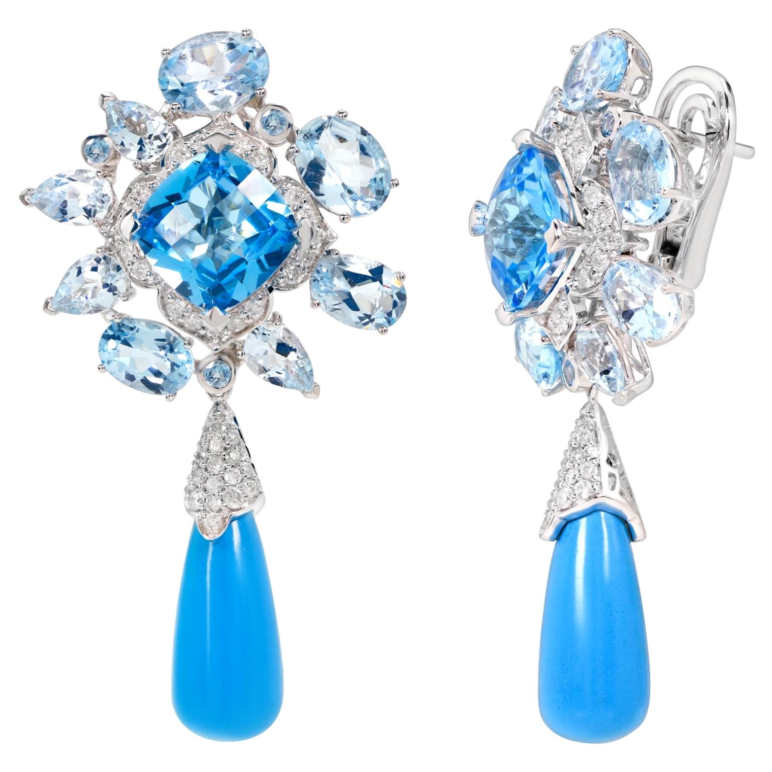 Rhodium-Plated Dangle Earrings with Sky & Swiss Blue Topaz, Turquoise & Diamonds For Sale