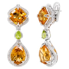 Rhodium-Plated Drop Earrings with Citrine, Peridot and Diamonds