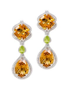 Rhodium-Plated Drop Earrings with Citrine, Peridot and Diamonds