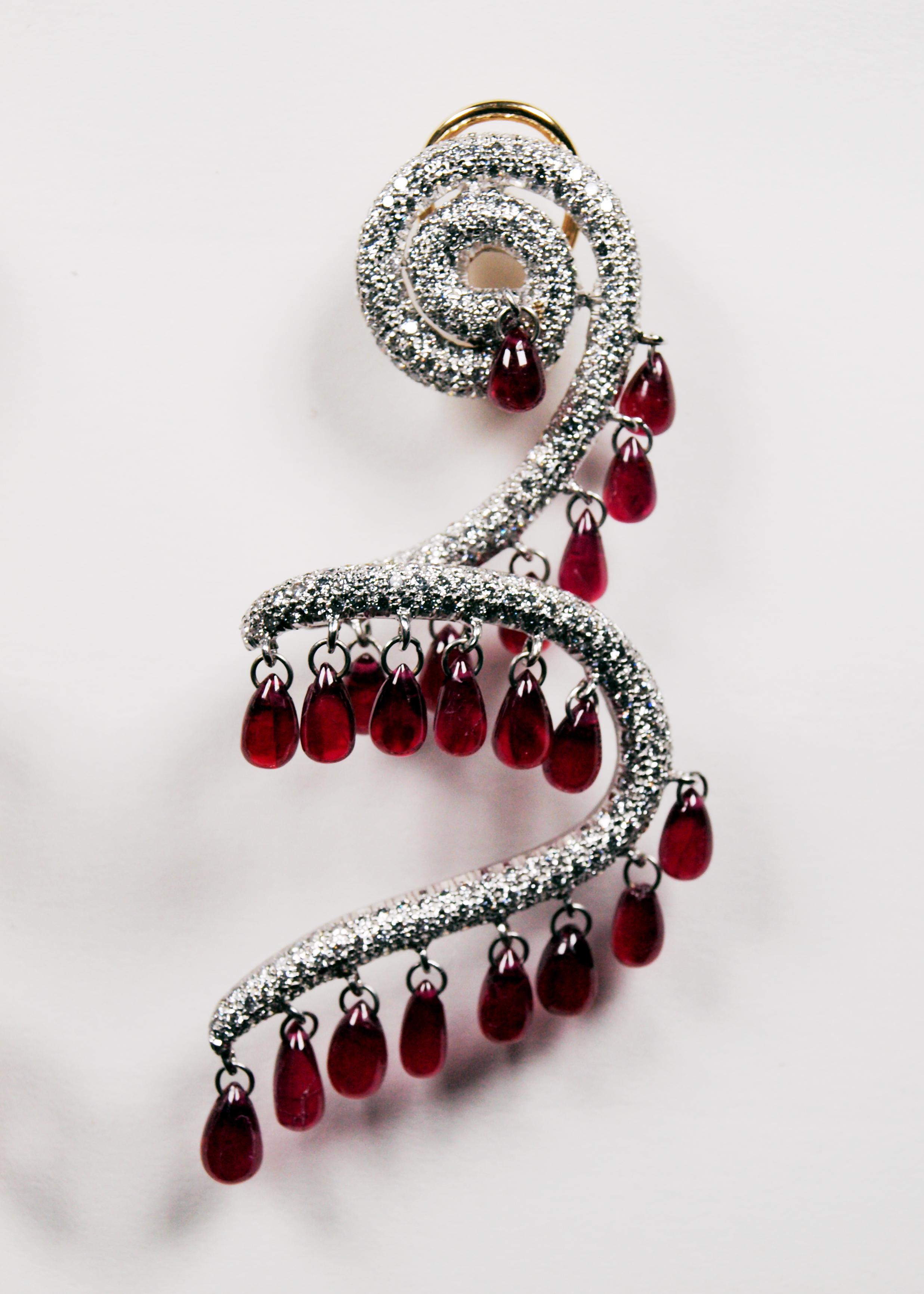 Rhodium Plated 18 Karat Yellow Gold Ruby and Diamond Spiral Earrings In Good Condition In London, GB