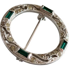 Rhodium-Plated Green Baguette and Clear Rhinestone Circle Brooch, 1930s