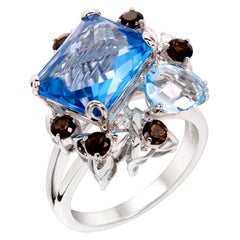 Rhodium-Plated Sky and Swiss Blue Topaz, Smoky Quartz and Diamonds Fashion Ring