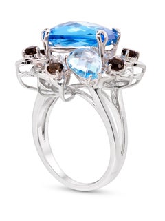 Rhodium-Plated Sky and Swiss Blue Topaz, Smoky Quartz and Diamonds Fashion Ring