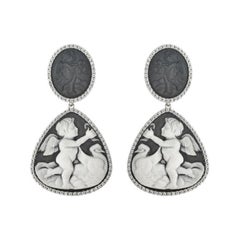 Rhodium Plated Sterling Silver Cherubs with Goose Roman Period Earrings in Black