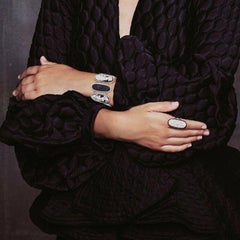 Rhodium Plated Sterling Silver Cupids Playing Trumpet Bracelet in Black