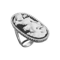 Rhodium Plated Sterling Silver Cupids Playing Trumpet Ring in Black and White