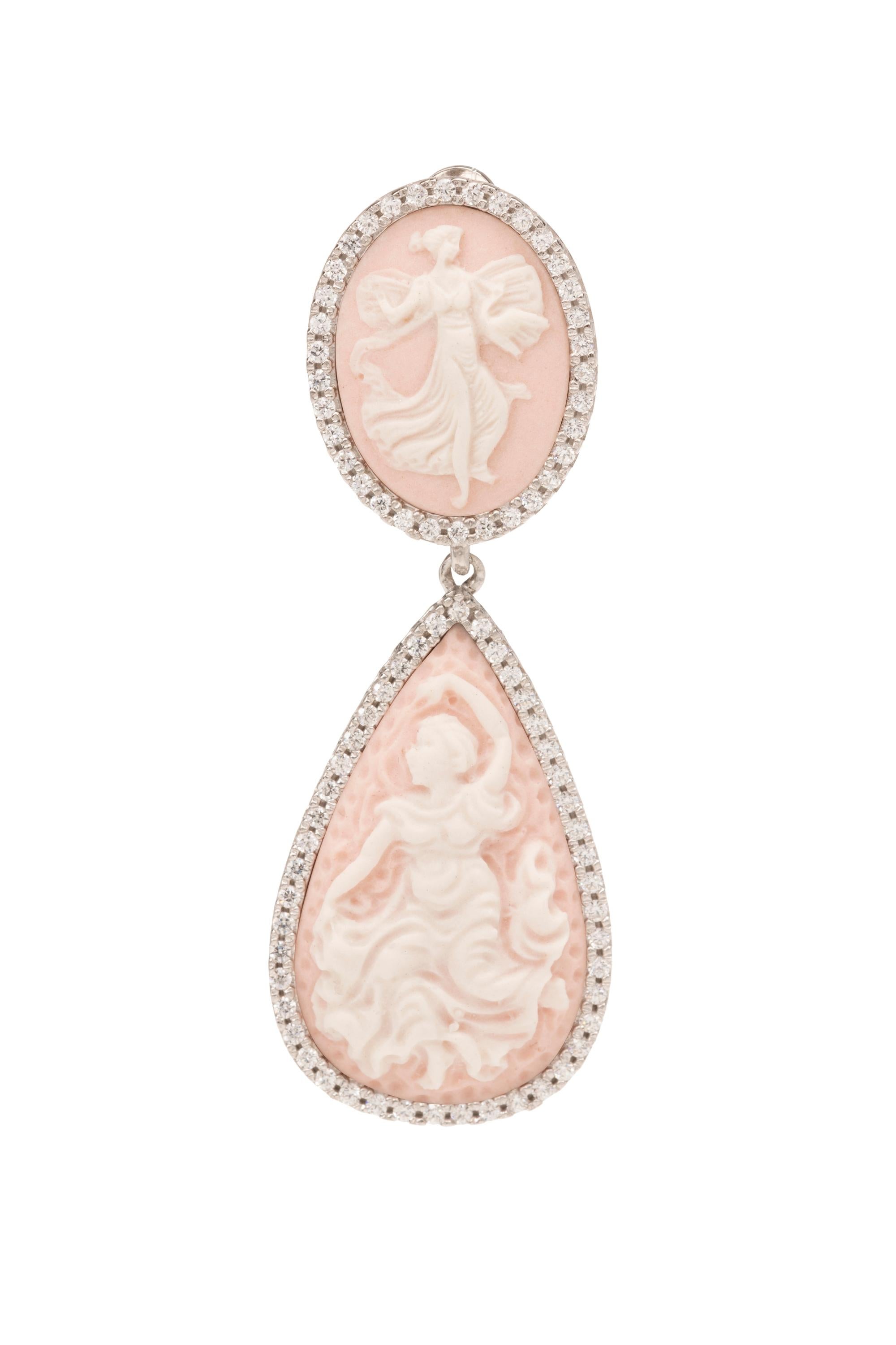 rhodium plated ladies silver and pink earrings