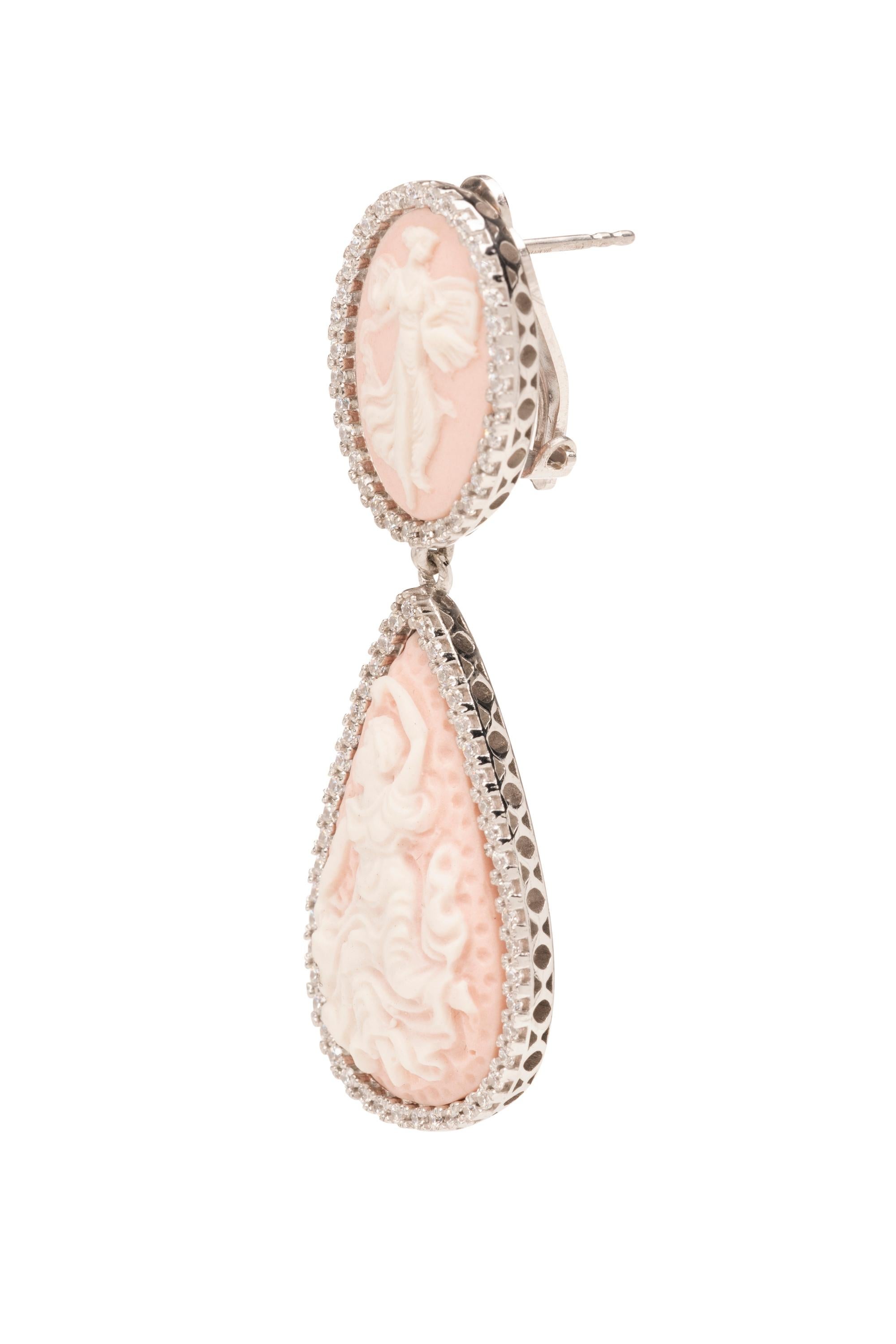 Rhodium Plated Sterling Silver Dancing Goddess Earrings in Pink In New Condition For Sale In Mogliano Veneto, Veneto