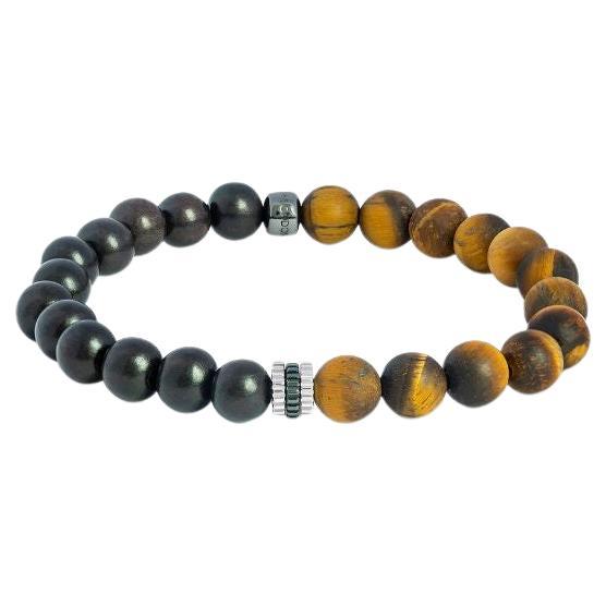 Rhodium Plated Sterling Silver Gear Trio Bracelet with Tiger Eye, Size L For Sale