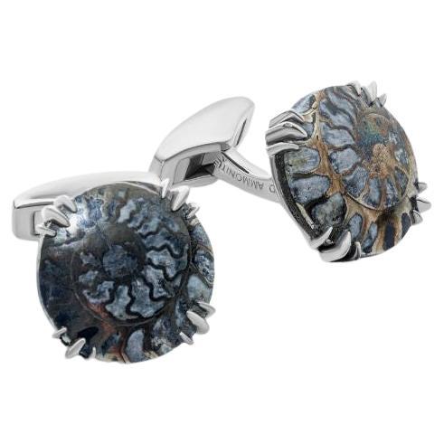 Rhodium Plated Sterling Silver Pyritized Ammonite Cufflinks, Limited Edition For Sale