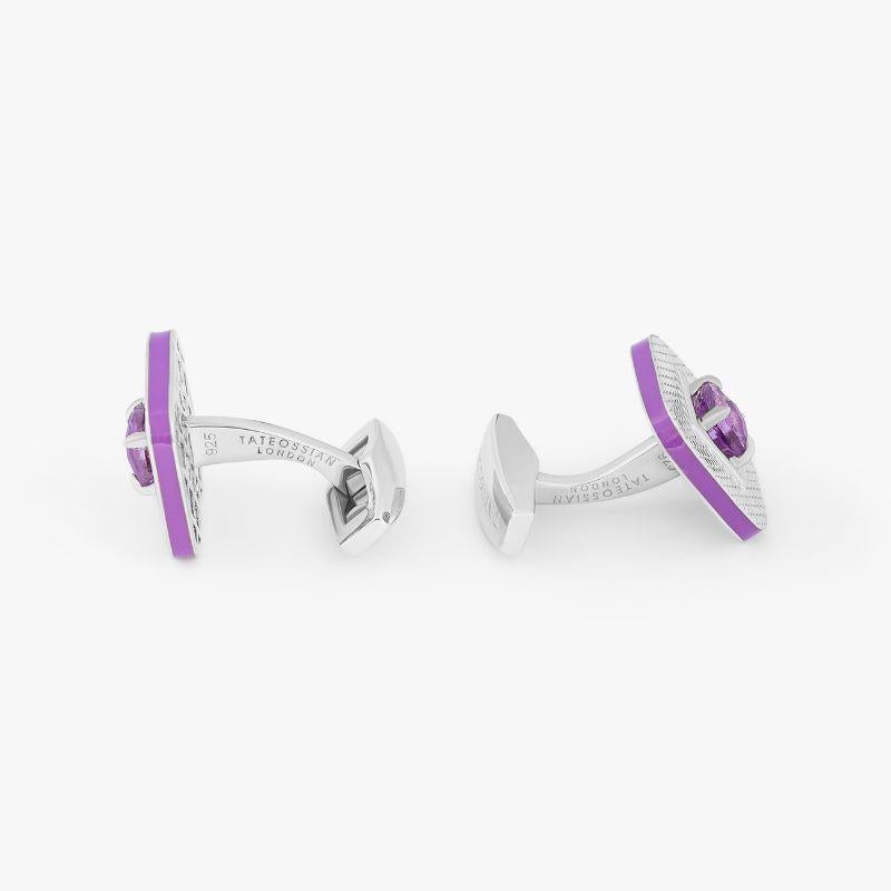 Rhodium Plated Sterling Silver Refratto Cufflinks with Ametrine

These cufflinks feature cushion cut Ametrine stones set into our unusual claw case that allows lights to shine through and show off the stone's beauty and colour. Engraved with our