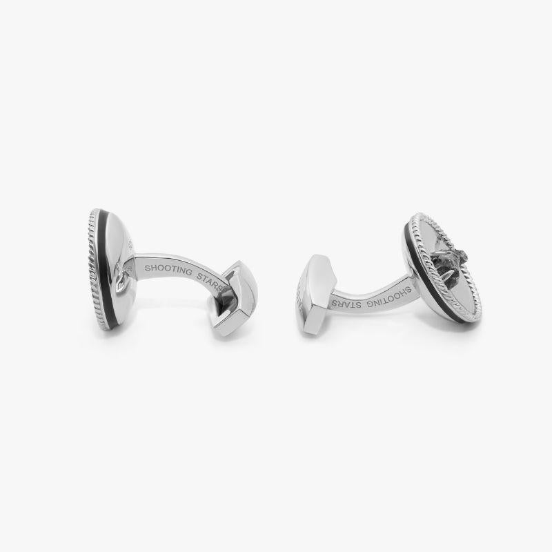 Rhodium Plated Sterling Silver Shooting Star Cufflinks, Limited Edition

Limited Edition cufflinks featuring incredible stones called “Shooting Star Meteorites” and found when meteorites fall to earth and burn up in the atmosphere; the tiny