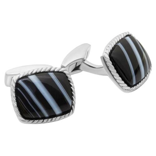 Rhodium Plated Sterling Silver Tuxedo Agate Cufflinks, Limited Edition For Sale