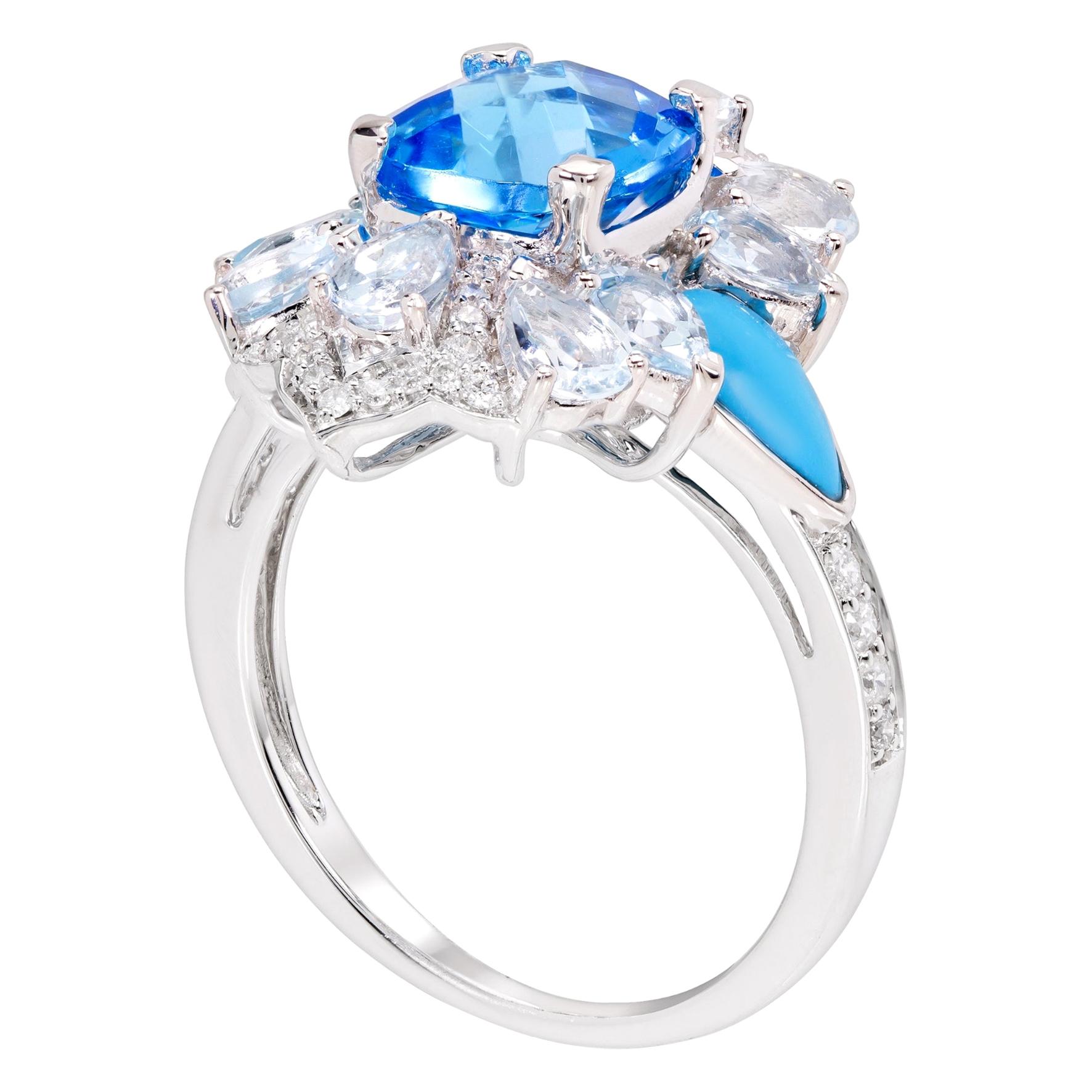 Rhodium-Plated Swiss and Sky Blue Topaz, Turquoise and Diamonds Fashion Ring For Sale