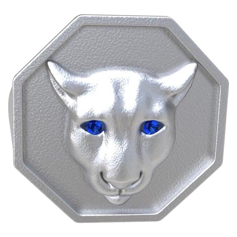 Rhodium White Colorado Cougar Signet Ring with Blue Sapphire Eyes
