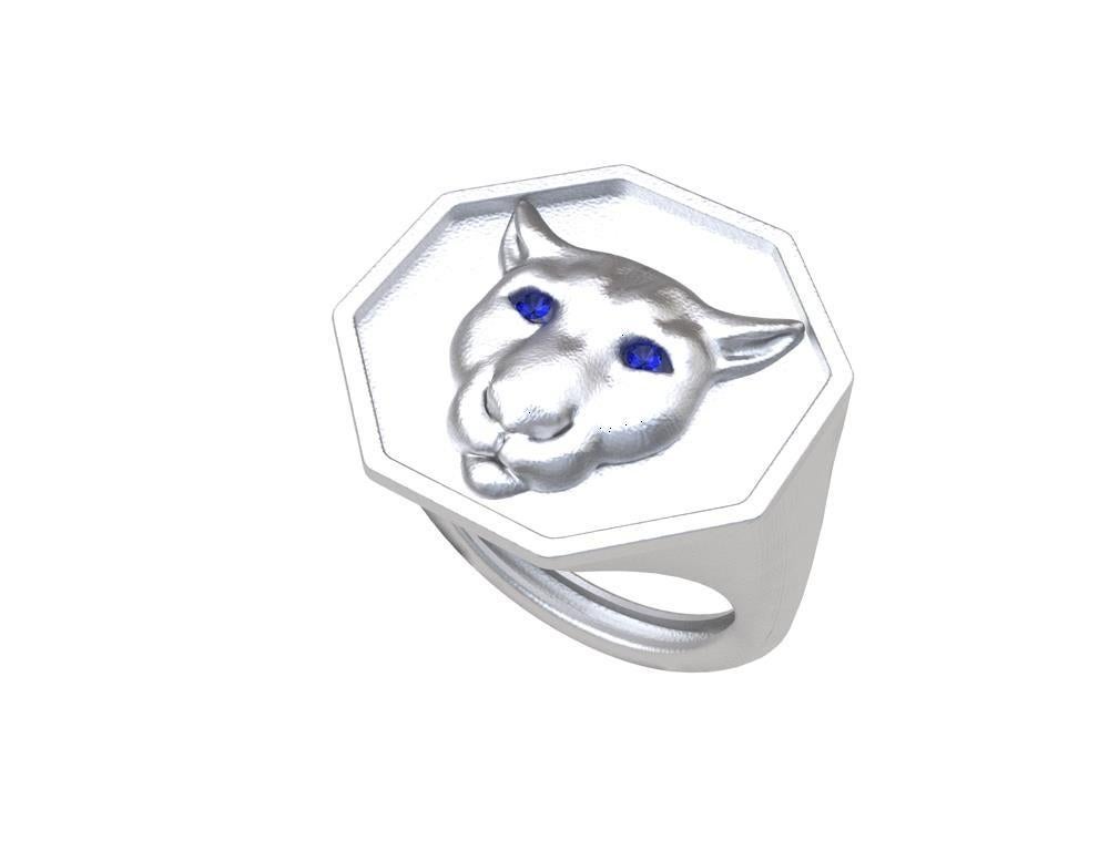 For Sale:  Rhodium White Colorado Cougar Signet Ring with Blue Sapphire Eyes 2