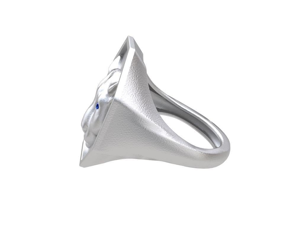 For Sale:  Rhodium White Colorado Cougar Signet Ring with Blue Sapphire Eyes 3