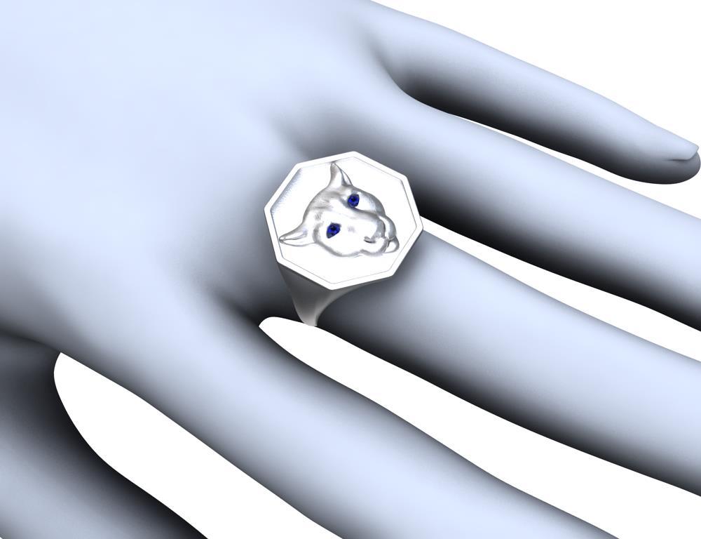 For Sale:  Rhodium White Colorado Cougar Signet Ring with Blue Sapphire Eyes 5