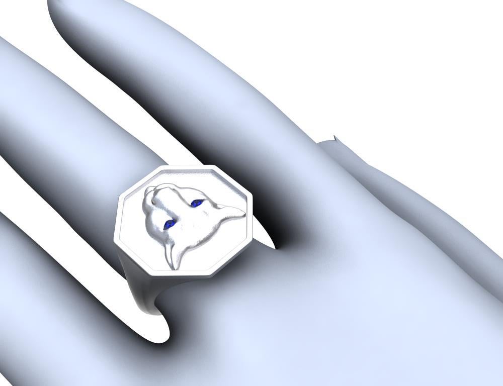 For Sale:  Rhodium White Colorado Cougar Signet Ring with Blue Sapphire Eyes 6