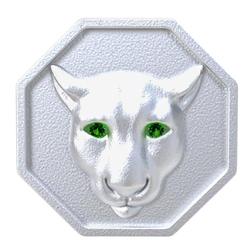 For Sale:  Rhodium White Colorado Cougar Signet Ring with Tsavorite Eyes 2