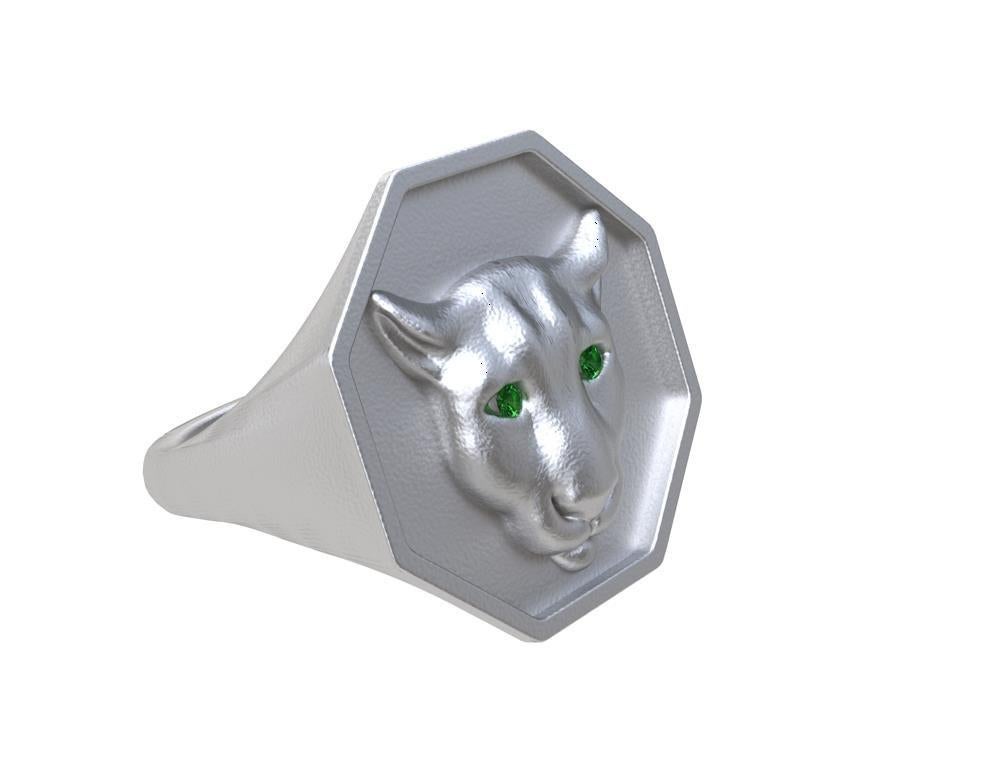 For Sale:  Rhodium White Colorado Cougar Signet Ring with Tsavorite Eyes 3