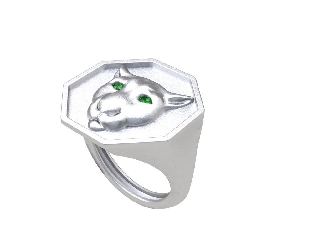 For Sale:  Rhodium White Colorado Cougar Signet Ring with Tsavorite Eyes 4