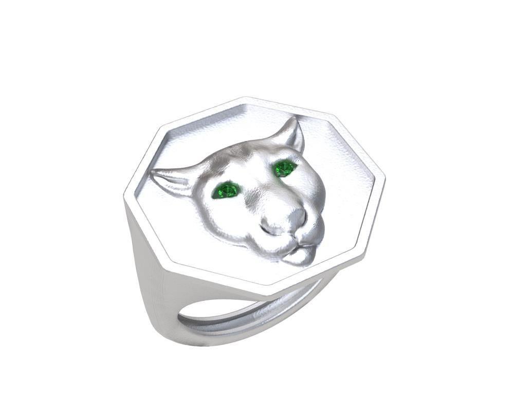 For Sale:  Rhodium White Colorado Cougar Signet Ring with Tsavorite Eyes 5