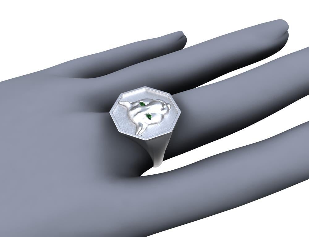 For Sale:  Rhodium White Colorado Cougar Signet Ring with Tsavorite Eyes 6