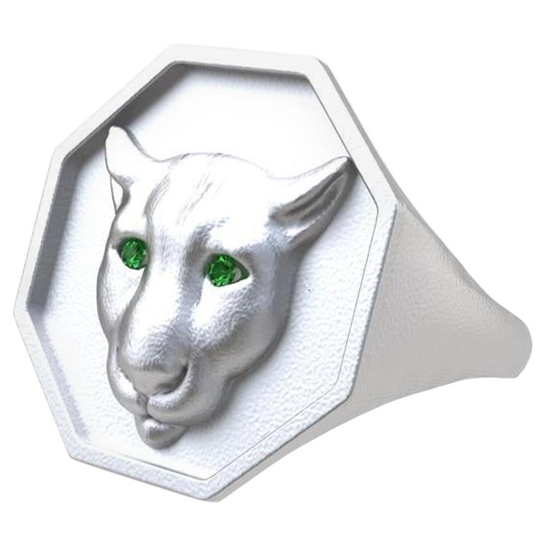 Rhodium White Colorado Cougar Signet Ring with Tsavorite Eyes