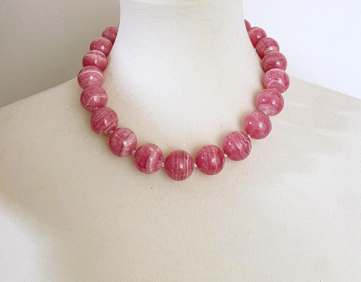 Round Cut Natural Rhodochrosite 19mm Round Beaded Necklace with Interlocking Ring Clasp