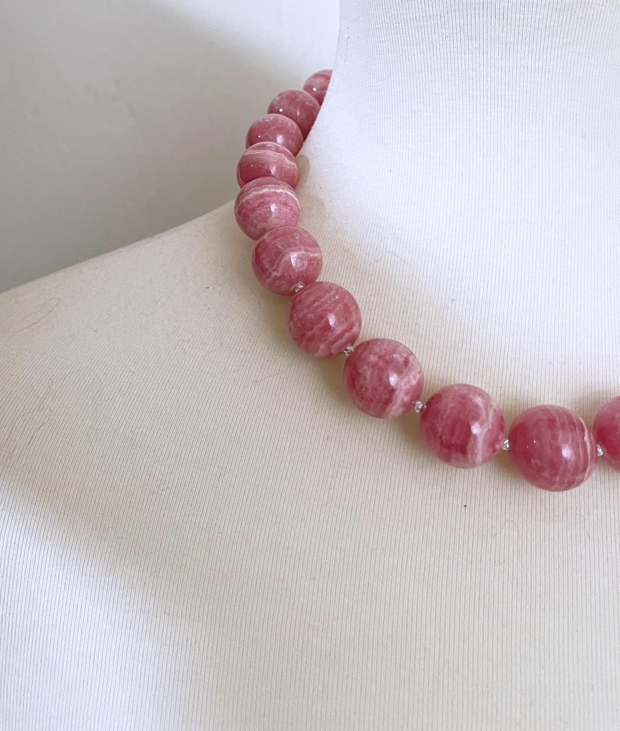 Women's Natural Rhodochrosite 19mm Round Beaded Necklace with Interlocking Ring Clasp