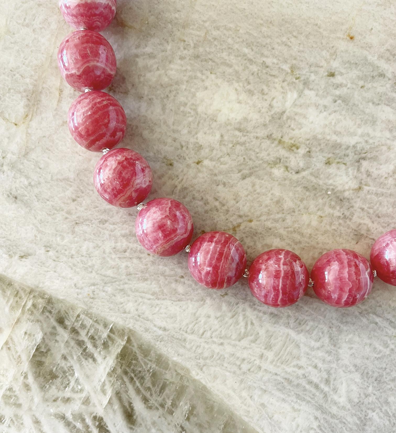 Natural Rhodochrosite 19mm Round Beaded Necklace with Interlocking Ring Clasp 2