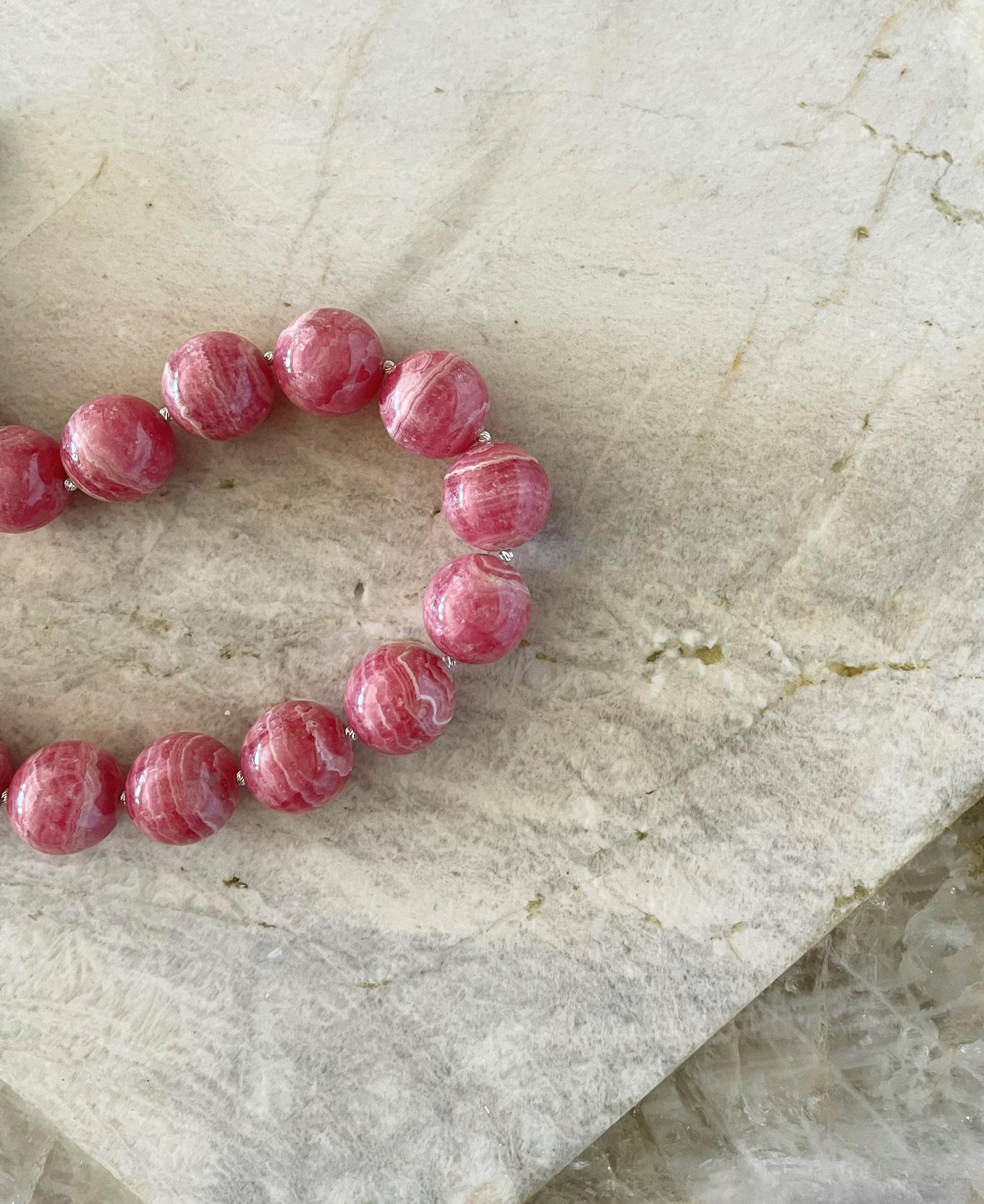Natural Rhodochrosite 19mm Round Beaded Necklace with Interlocking Ring Clasp 3