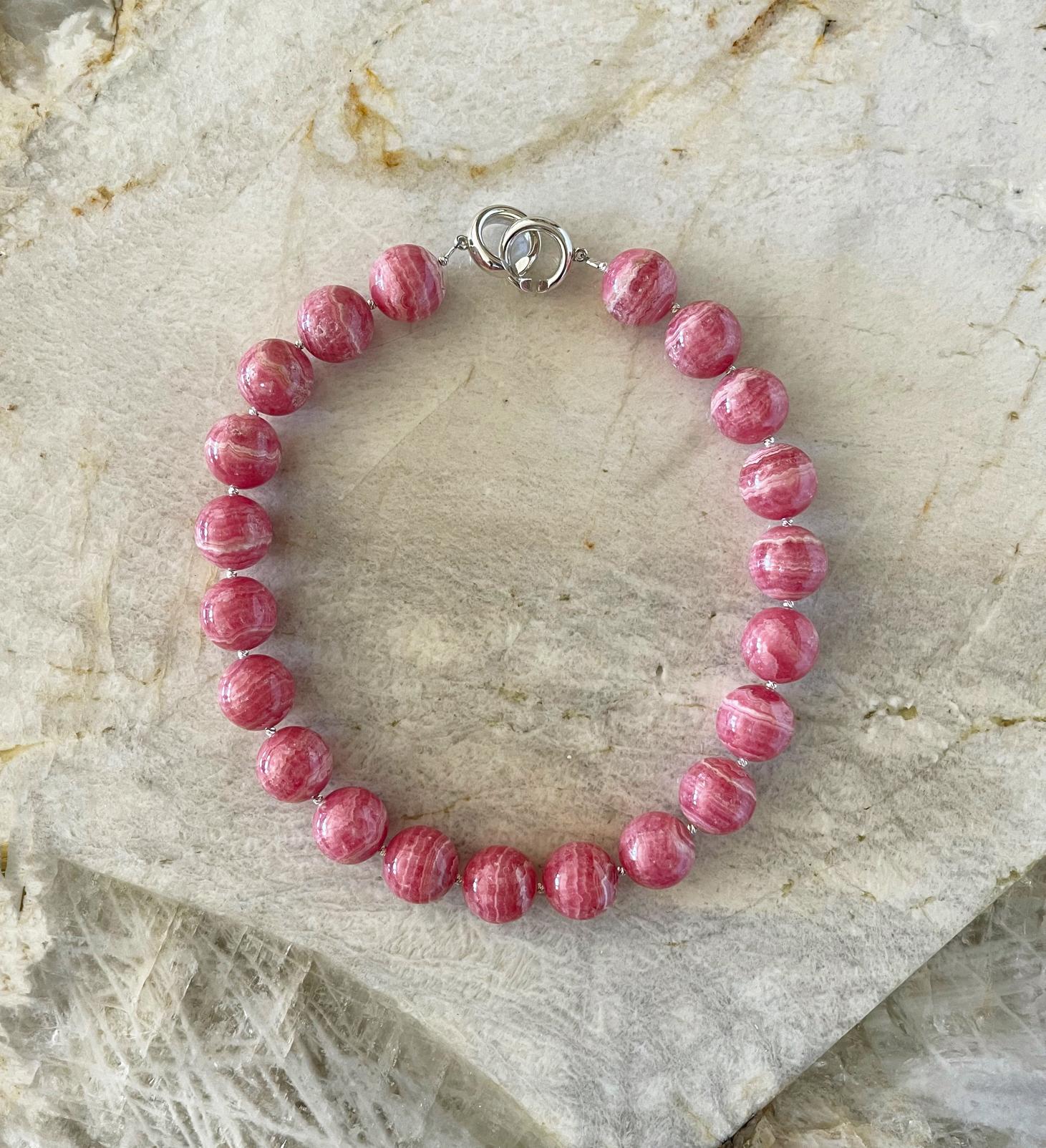 Natural Rhodochrosite 19mm Round Beaded Necklace with Interlocking Ring Clasp 4