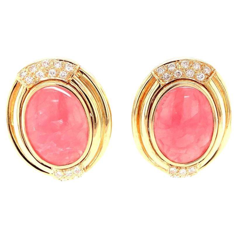 Rhodochrosite and Diamond Yellow Gold Earrings, circa 1960s For Sale