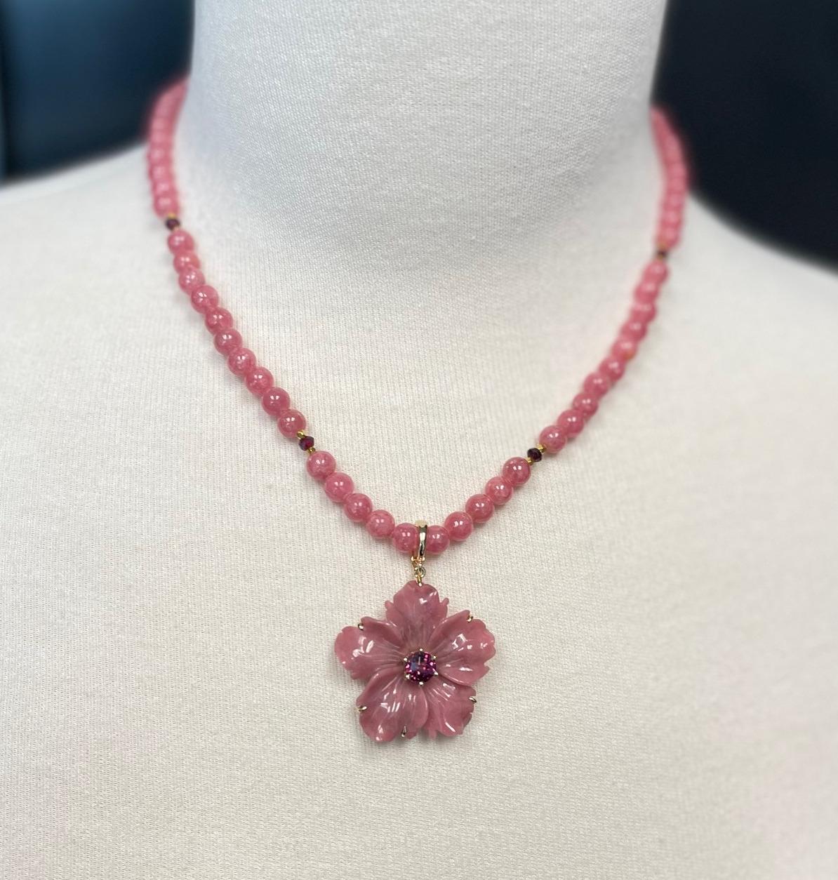  Rhodochrosite Beaded Necklace with Hand Carved Rhodonite Floral Pendant  For Sale 1