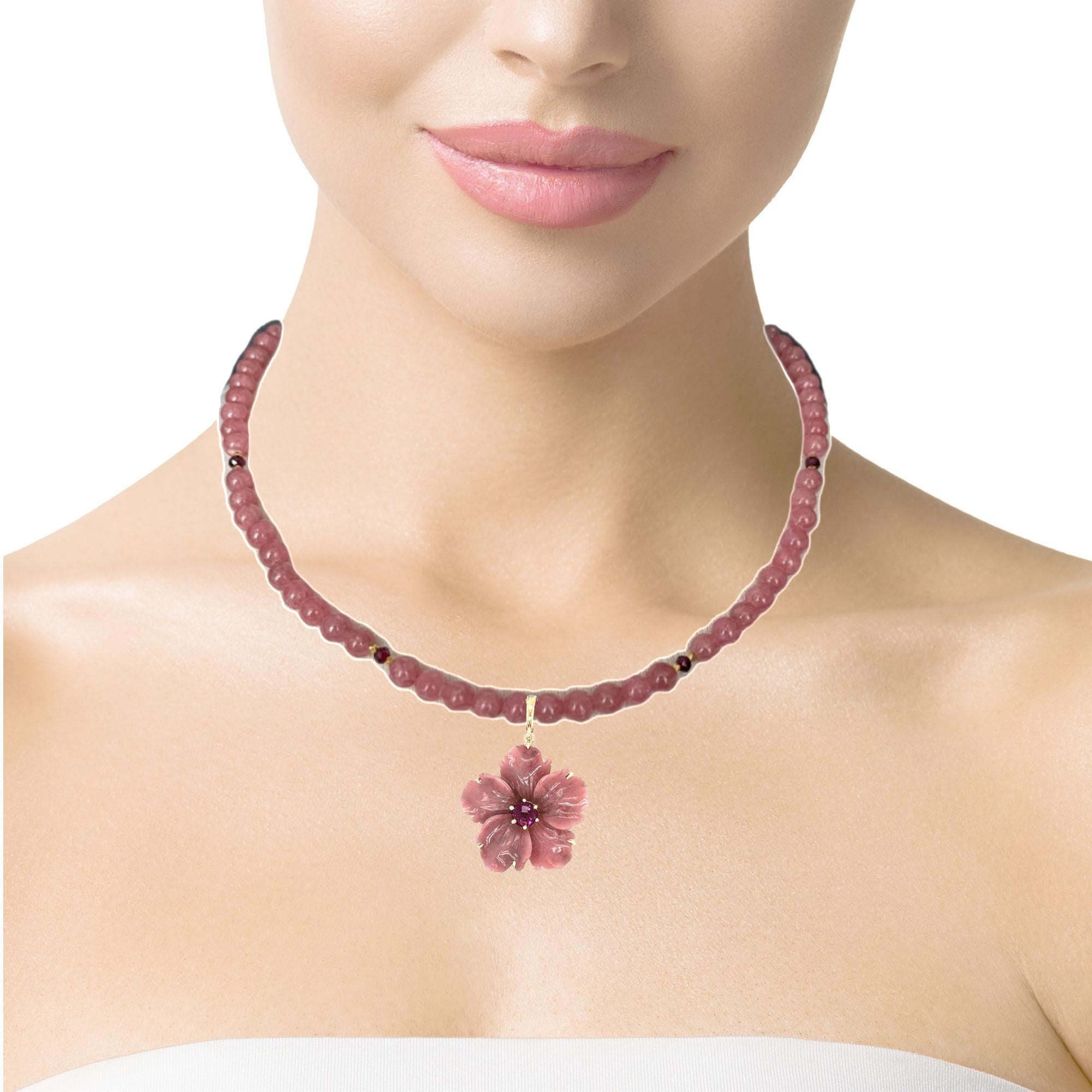  Rhodochrosite Beaded Necklace with Hand Carved Rhodonite Floral Pendant  For Sale 2