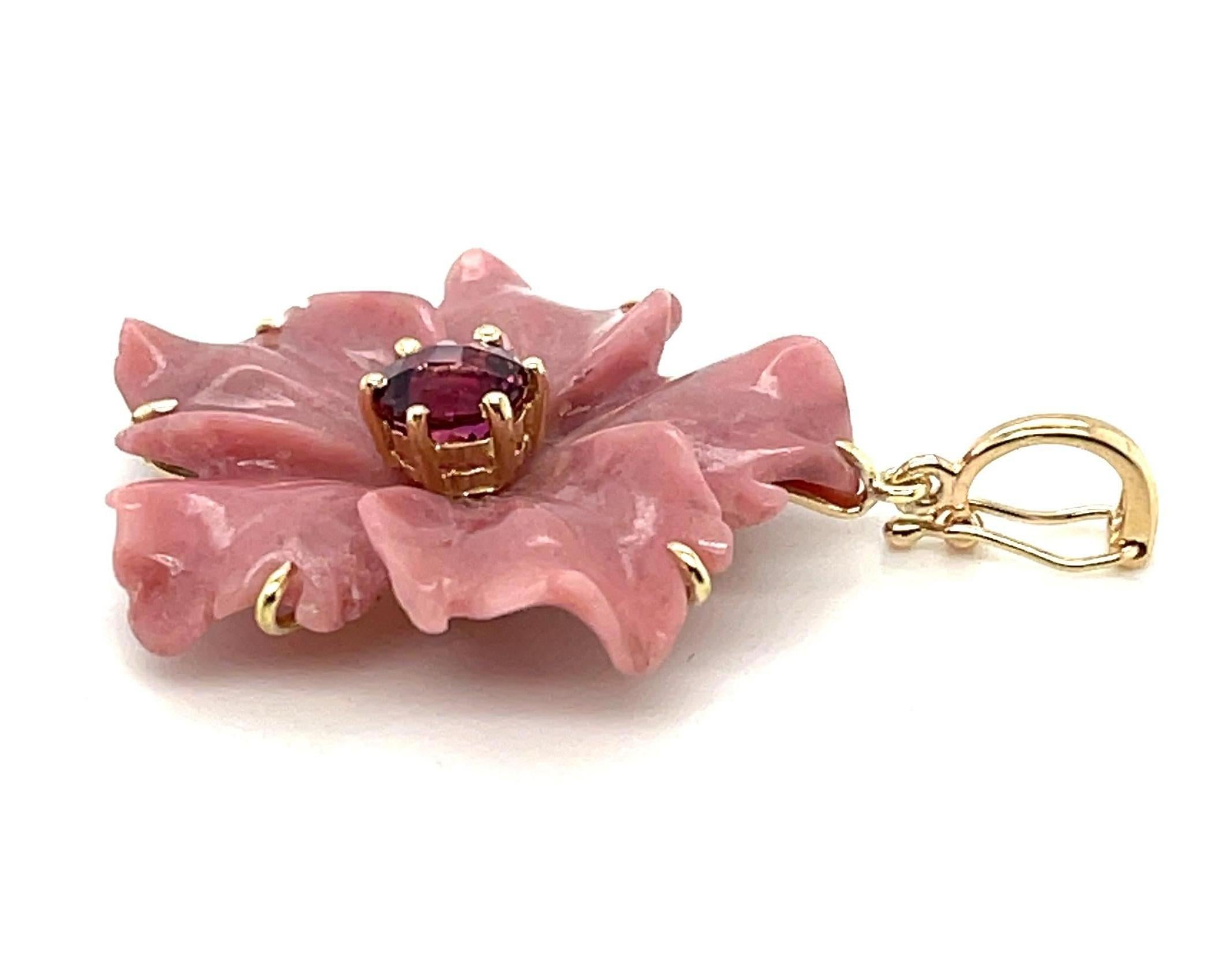 Artisan  Rhodochrosite Beaded Necklace with Hand Carved Rhodonite Floral Pendant  For Sale
