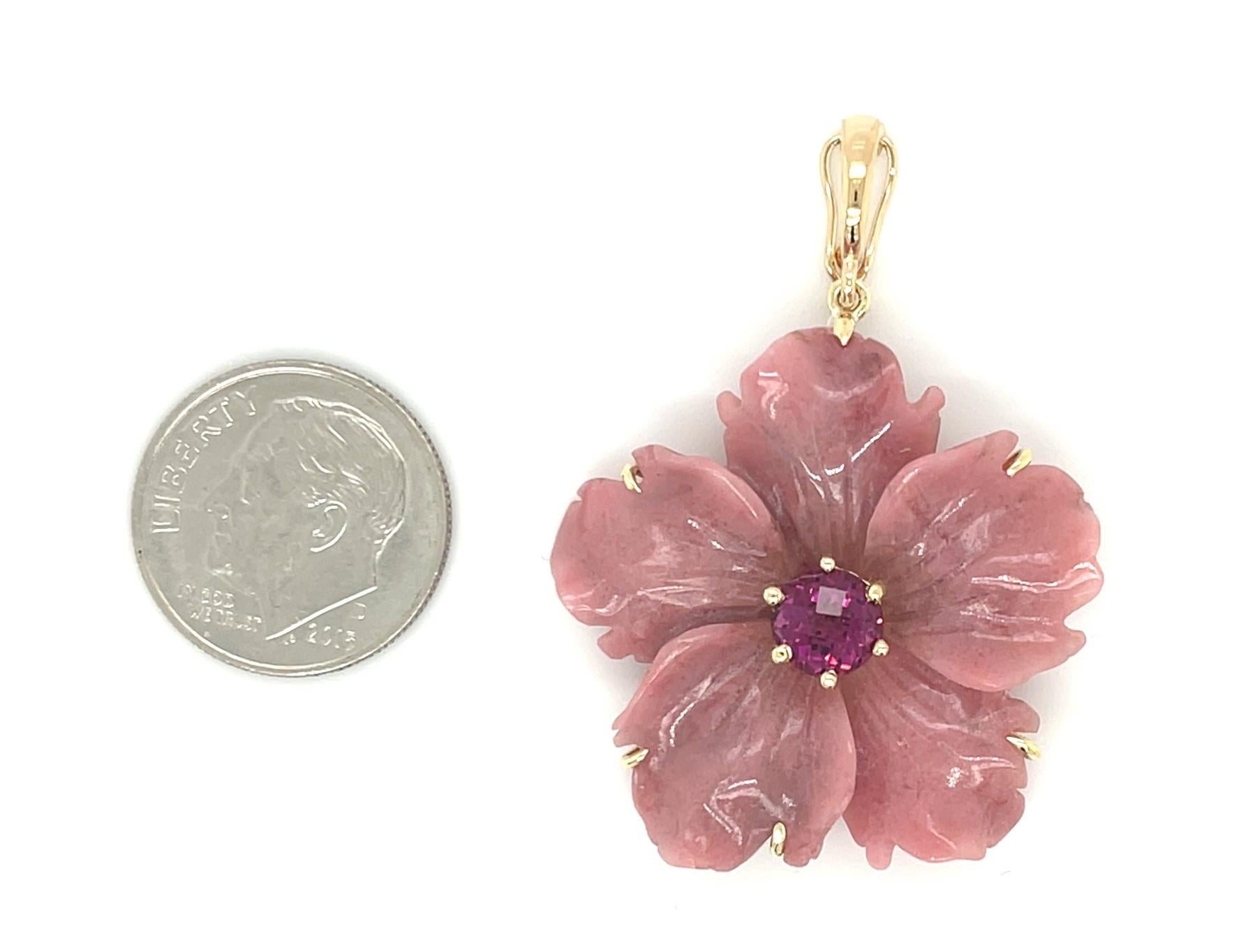  Rhodochrosite Beaded Necklace with Hand Carved Rhodonite Floral Pendant  In New Condition For Sale In Los Angeles, CA