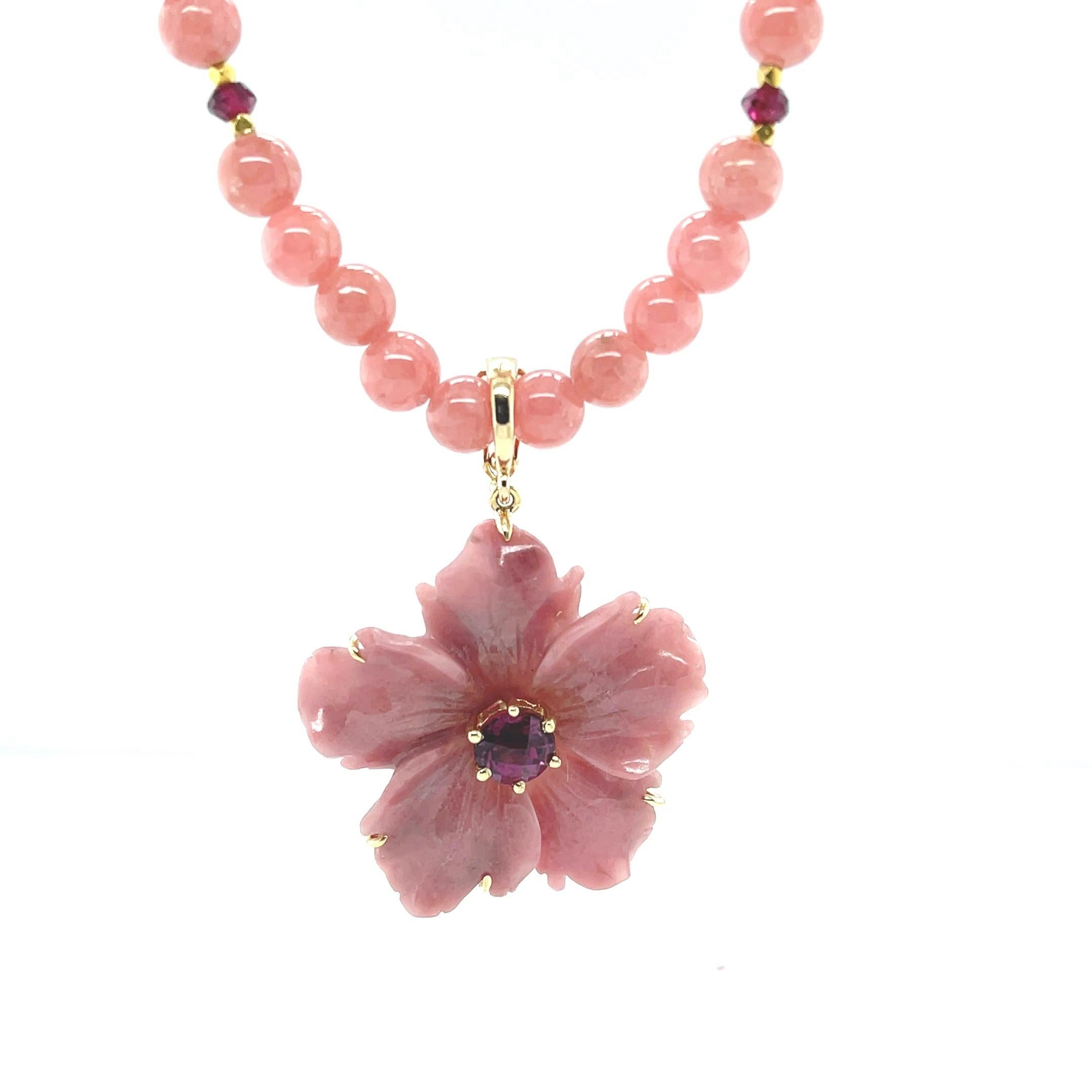 Women's  Rhodochrosite Beaded Necklace with Hand Carved Rhodonite Floral Pendant  For Sale